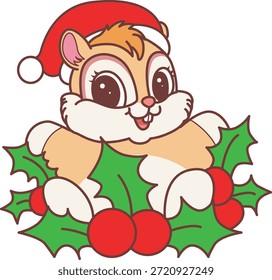 Icono divertido lindo de la etiqueta engomada de la ardilla con tema de la Navidad. Ardilla divertida con plantas de cereza 