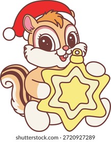Icono divertido lindo de la etiqueta engomada de la ardilla con tema de la Navidad. Divertida ardilla con campanas amarillas