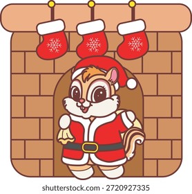 Icono divertido lindo de la etiqueta engomada de la ardilla con tema de la Navidad. Divertida ardilla en el lugar de fuego