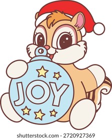 Cute funny Chipmunk sticker icon with christmas theme. Funny Chipmunk with Joy decoration