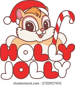 Cute funny Chipmunk sticker icon with christmas theme. Funny Chipmunk with holly Jolly text