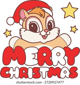 Ícone de adesivo engraçado bonito Chipmunk com tema de Natal. Chipmunk engraçado com texto Feliz Natal 