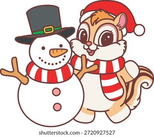 Icono divertido lindo de la etiqueta engomada de la ardilla con tema de la Navidad. Divertida ardilla con muñeco de nieve