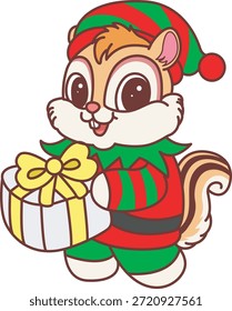 Icono divertido lindo de la etiqueta engomada de la ardilla con tema de la Navidad. Divertida ardilla con disfraz de enano y traer una caja de regalo