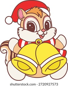 Icono divertido lindo de la etiqueta engomada de la ardilla con tema de la Navidad. Divertida ardilla con campanas amarillas