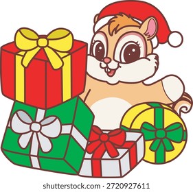 Icono divertido lindo de la etiqueta engomada de la ardilla con tema de la Navidad. Ardilla divertida con una gran cantidad de caja de regalo