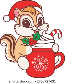 Icono divertido lindo de la etiqueta engomada de la ardilla con tema de la Navidad. Divertida ardilla con chocolate caliente