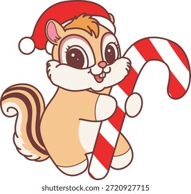 Icono divertido lindo de la etiqueta engomada de la ardilla con tema de la Navidad. Divertida ardilla con bastón de caramelo