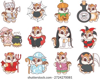 Icono divertido lindo de la etiqueta engomada de la ardilla con tema de halloween. Divertida ardilla en la variación de la fiesta de Halloween