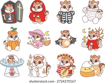 Nettes lustiges Chipmunk-Aufkleber-Symbol mit Halloween-Thema. Lustiger Chipmunk in der Variation der Halloween Dekoration 