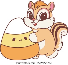 Icono divertido lindo de la etiqueta engomada de la ardilla con tema de halloween. Divertida ardilla trae un caramelo amarillo