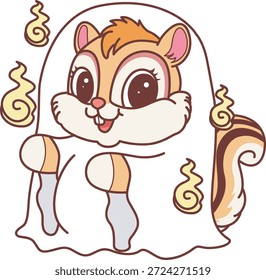 Icono divertido lindo de la etiqueta engomada de la ardilla con tema de halloween. Divertida ardilla con un disfraz de fantasma blanco