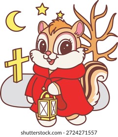 Cute funny Chipmunk sticker icon with halloween theme. Funny Chipmunk wearing a red Hoodie and bring a lantern
