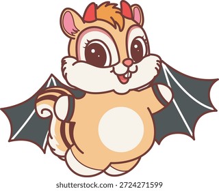 Nettes lustiges Chipmunk-Aufkleber-Symbol mit Halloween-Thema. Lustige Chipmunk fliegen mit Fledermaus Kostüm 