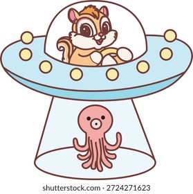 Icono divertido lindo de la etiqueta engomada de la ardilla con tema de halloween. Divertida ardilla conduciendo una nave espacial 