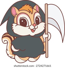 Icono divertido lindo de la etiqueta engomada de la ardilla con tema de halloween. Divertida ardilla con un traje de ángel de la muerte