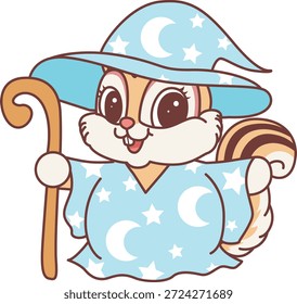 Cute funny Chipmunk sticker icon with halloween theme. Funny Chipmunk wearing a witch costume 
