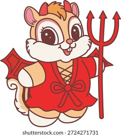 Icono divertido lindo de la etiqueta engomada de la ardilla con tema de halloween. Divertida ardilla con un disfraz de diablo rojo