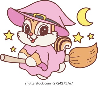 Cute funny Chipmunk sticker icon with halloween theme. Funny Chipmunk wearing a witch costume and flying with broom stick
