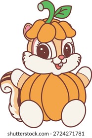 Ícone de adesivo engraçado bonito Chipmunk com tema de halloween. Engraçado Chipmunk usando uma fantasia de abóbora