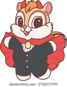 Nettes lustiges Chipmunk-Aufkleber-Symbol mit Halloween-Thema. Lustiger Chipmunk im Vampirkostüm