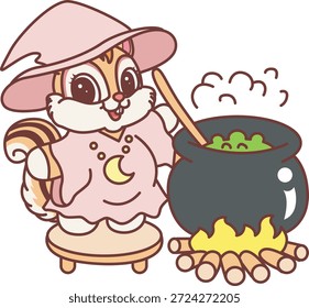 Nettes lustiges Chipmunk-Aufkleber-Symbol mit Halloween-Thema. Lustiger Chipmunk, der einen Trank mit Hexenkostüm kocht 