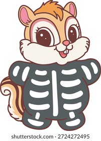 Icono divertido lindo de la etiqueta engomada de la ardilla con tema de halloween. Divertida ardilla con un traje de calavera
