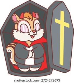 Cute funny Chipmunk sticker icon with halloween theme. Funny Chipmunk sleeping in the coffin with vampire costume