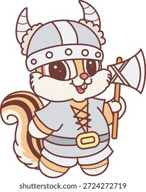 Icono divertido lindo de la etiqueta engomada de la ardilla con tema de halloween. Ardilla divertida con un traje vikingo