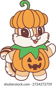 Icono divertido lindo de la etiqueta engomada de la ardilla con tema de halloween. Divertida ardilla con un disfraz de calabaza en halloween