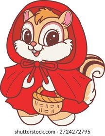 Icono divertido lindo de la etiqueta engomada de la ardilla con tema de halloween. Divertida ardilla con un disfraz de sudadera roja