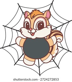 Cute funny Chipmunk sticker icon with halloween theme. Funny Chipmunk stuck in the spider web