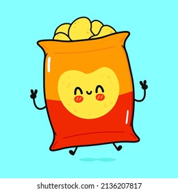 Carácter divertido de chips. Caricatura dibujada a mano del vector icono de ilustración del personaje kawaii. Fondo azul aislado. El concepto de personaje de Chip emoji, niño, adorable, niños, patatas fritas, comida, comida rápida, comer