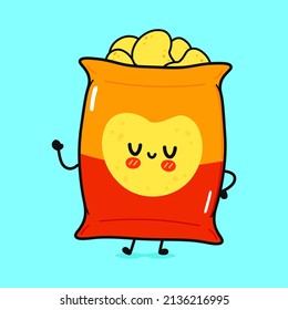 Cute lustige Chips winken Charakter. Vektorhandgezeichnete Cartoons kawaii Zeichentricksymbol. Einziger blauer Hintergrund. Chips Charakter Konzept Emoji, Kind, adretable, Kinder, Chips, Essen, essen