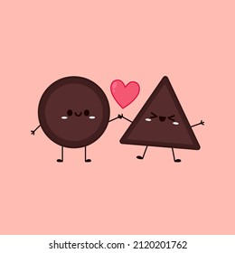 Un personaje de barra de chocolate muy simpático. Diseño de carácter Chocolate Heart. Día de San Valentín con chocolate vectorial. chocolate redondo y triangular.