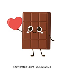 Cute and funny chocolate bar character. Chocolate mascot. Heart vector.