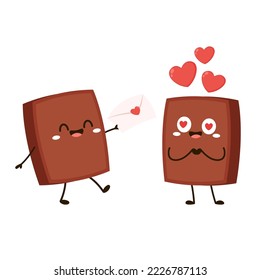 Cute and funny chocolate bar character. Chocolate mascot. Heart vector. Letter love vector.