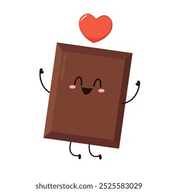 Carácter lindo y divertido de la barra de chocolate. Mascota de chocolate. Vector del corazón.