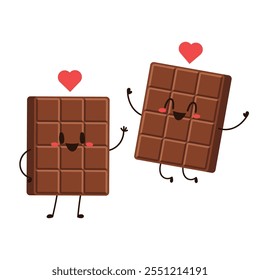 Cute and funny chocolate bar character. Chocolate mascot. Heart vector.