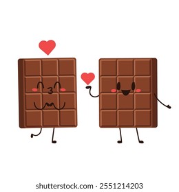Cute and funny chocolate bar character. Chocolate mascot. Heart vector.