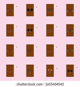 cute and funny chocolate bar characters showing various emotions, cartoon vector illustration isolated on color background. kawaii chocolate bar characters, mascots, emoticons and emoji for web