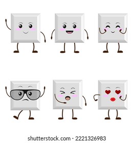 Cute funny chocolate characters. Emoji white chocolate bar. Cartoon kawaii emoticon vector illustration