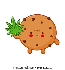 Cute funny chocolate cookie with marijuana weed leaf character. Vector flat line cartoon kawaii character illustration icon. Isolated on white background. Weed edible cookie character bundle concept