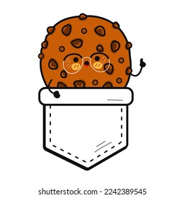Cute funny chocolate cookies pocket t-shirt print.Vector cartoon doodle line style character logo illustration design. Isolated white background. Funny vintage chocolate cookies print pocket t shirt