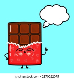 Un dulce chocolate haciendo yoga con burbujas de habla. Caricatura dibujada a mano del vector icono de ilustración del personaje kawaii. Aislado sobre fondo azul. Concepto de personaje de chocolate