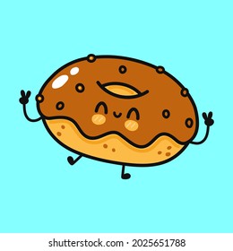 Cute funny chocolate donut character. Vector hand drawn cartoon kawaii character illustration icon. Isolated on blue background. Chocolate donut character concept