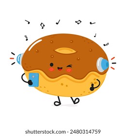 Lindo divertido Chocolate Doughnut escucha música en los auriculares con un teléfono inteligente. Vector dibujado a mano de dibujos animados kawaii personaje ilustración icono. Fondo blanco aislado. Concepto de personaje de donut feliz