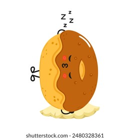 Cute funny Chocolate Doughnut sleeping character. Vector hand drawn cartoon kawaii character illustration icon. Isolated on white background. Happy Doughnut sleep character concept