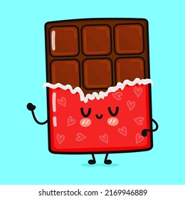 Cute funny chocolate waving hand. Vector hand drawn cartoon kawaii character illustration icon. Isolated on blue background. Happy chocolate character concept