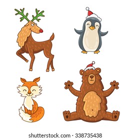 Cute and funny Christmas animals. Deer. Penguin. A fox. Bear. Vector illustration drawn by hand on a white background.